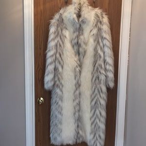 Warm Winter White and Grey False Fur Long Coat  Lg